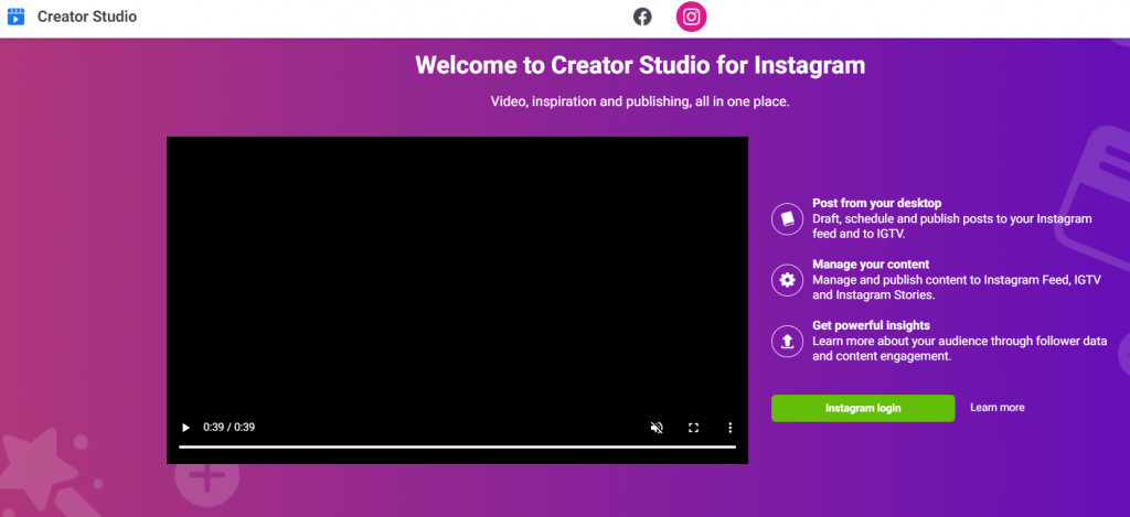 Creator Studio pentru Instagram Pagina de conectare 