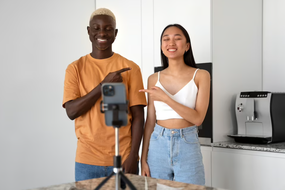 a man and woman standing next to each other