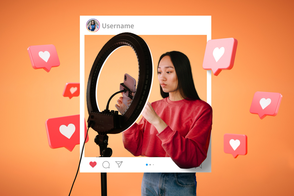 influencer-posting-social-media | Path Social Une influenceuse qui réutilise le flux en direct sur son site web Instagram