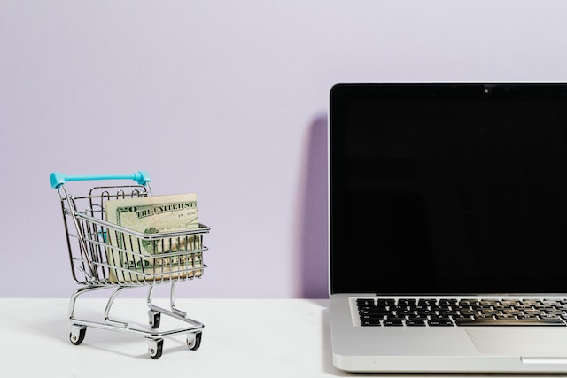 Laptop and a shopping cart with dollar bills