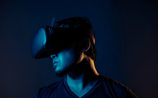 A person using an Augmented Reality headset.