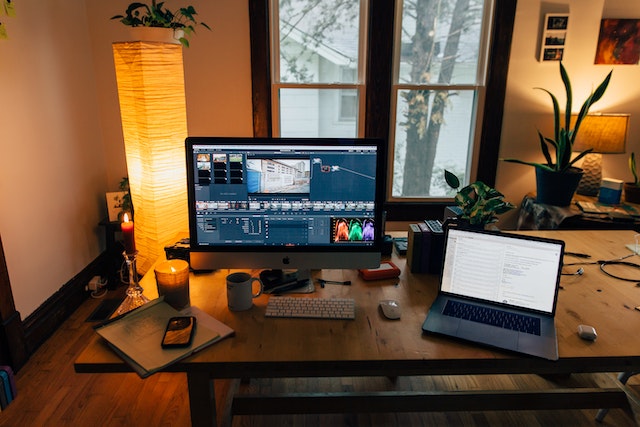 Workplace with a visual of a video in the editing process