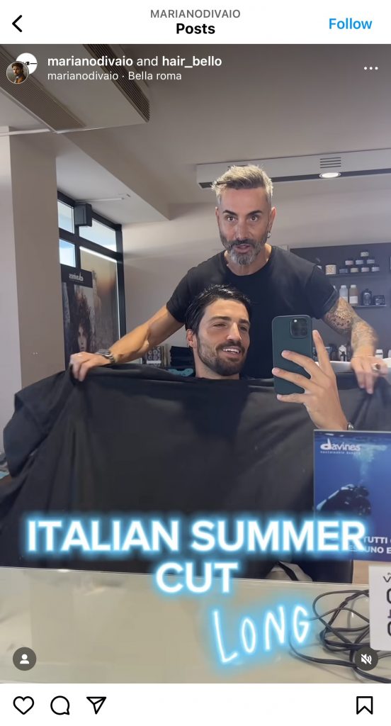 Captura de ecrã da publicação no Instagram do influenciador de moda Mariano Di Vaio que mostra o marketing de influência do seu cabeleireiro com uma ligação de afiliado.