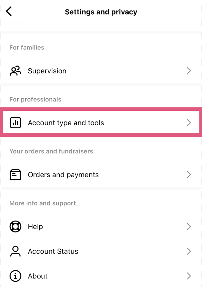 “Account type and tools” button on Instagram settings.