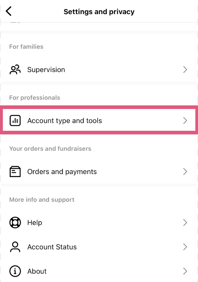 "Tipo de cuenta y herramientas" en los ajustes de Instagram .