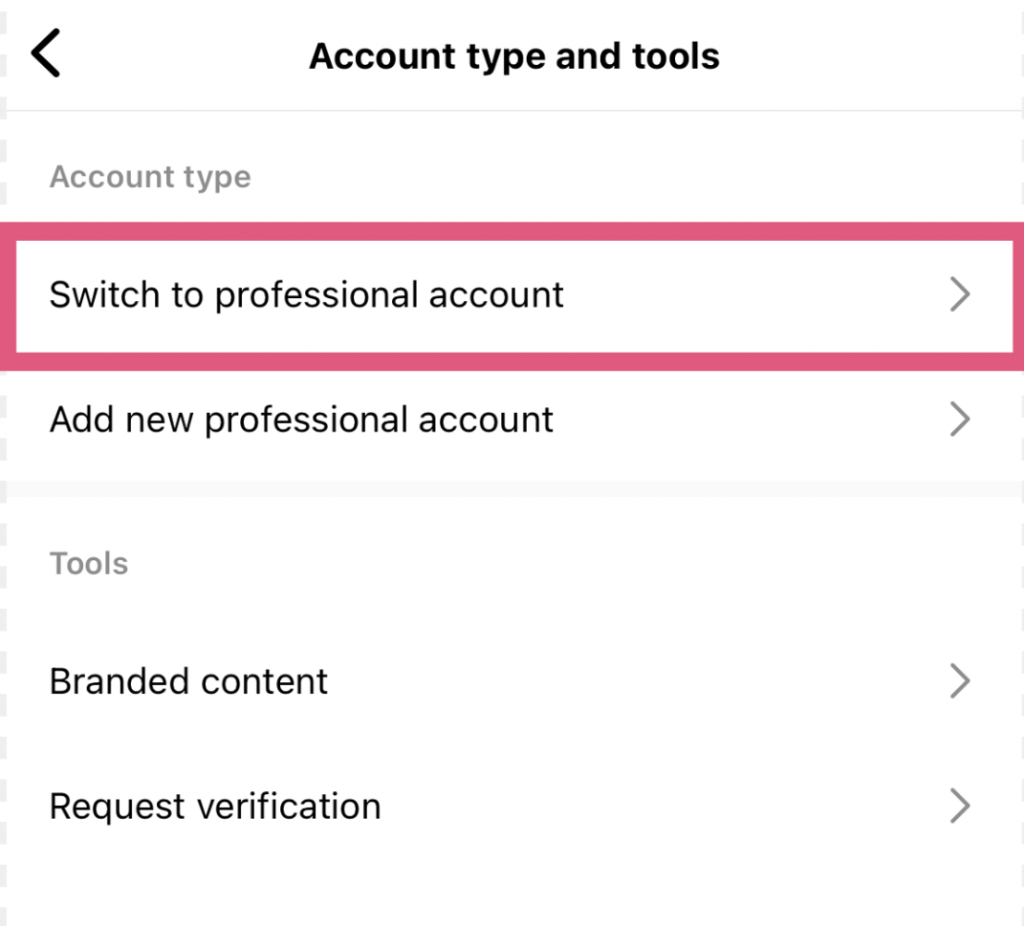 “Switch to professional account” button on Instagram settings.