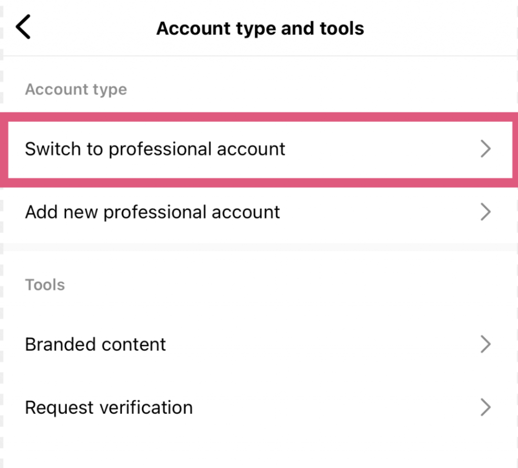 Butonul "Switch to professional account" (Treci la un cont profesional) din setările Instagram .