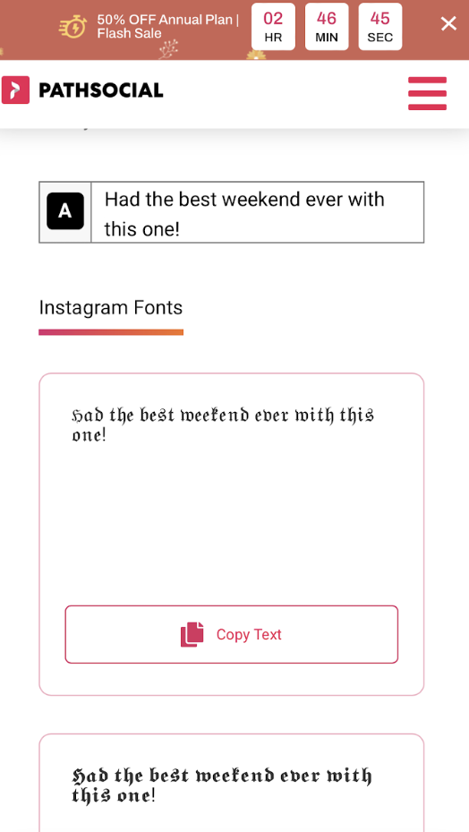 Screenshot_20231002_063931_comandroidchrome | Path Social Sample caption inputted into the Path Social Font Generator.