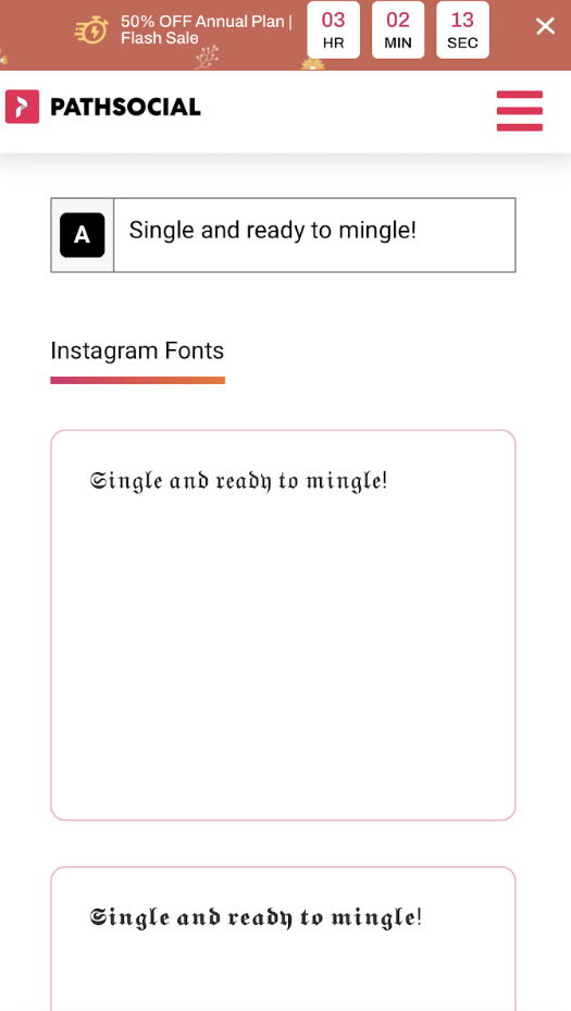 Instagram bio typed into the Path Social Font Generator.