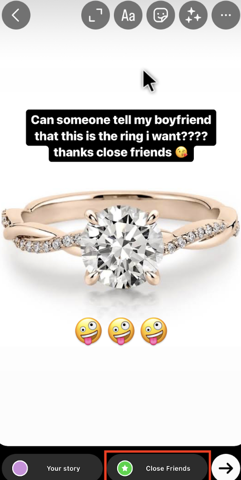 Capture d'écran d'une bague de fiançailles postée par une personne sur sa Story d'amis proches.