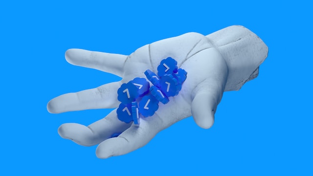 A 3D graphic white hand holds blue verified check mark logos on a bright blue background.