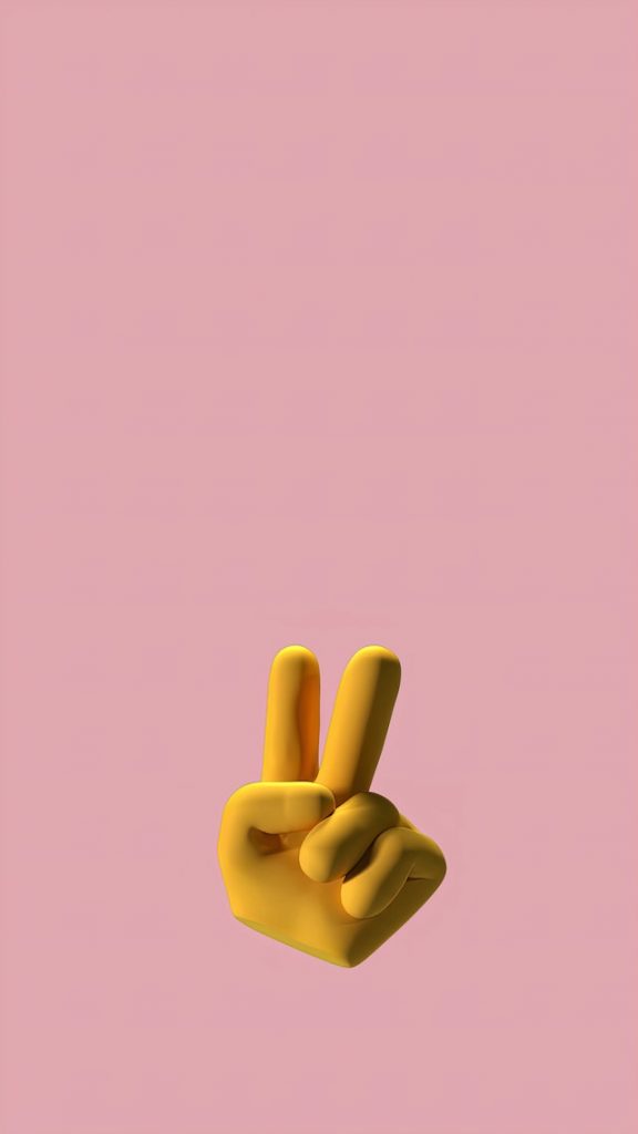 Ein 3D-Grafik-Hand-Emoji mit einem Friedenszeichen auf einem rosa Hintergrund.