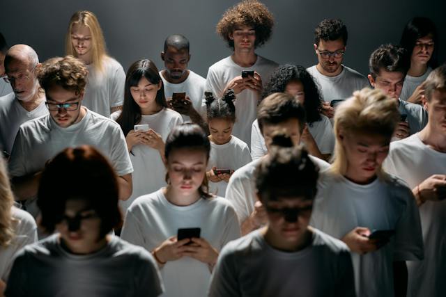 Un groupe d'amis en train d'utiliser leur téléphone.