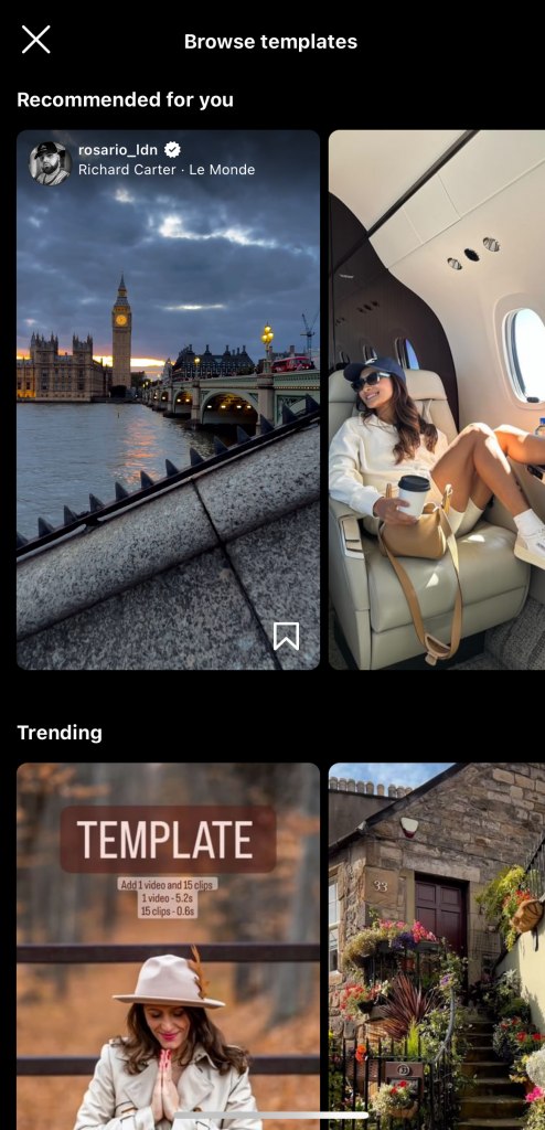 Capture d'écran de la page principale "Reel Templates" sur Instagram, où les modèles "Year in Review" seront affichés lorsqu'ils seront disponibles.