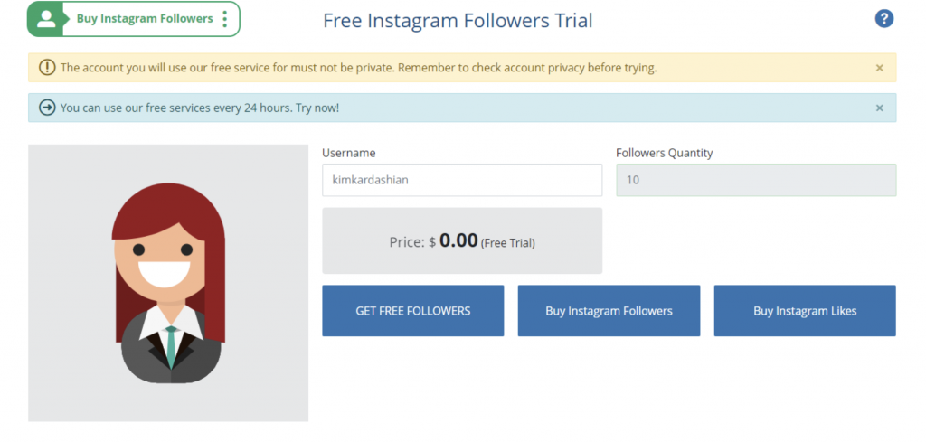 Path Social의 InstaFollowers "무료 Instagram 팔로워 평가판" 페이지 스크린샷.