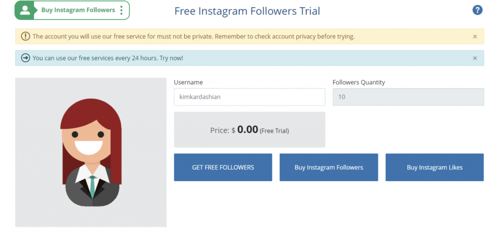 Path Social's screenshot al paginii InstaFollowers "Free Instagram Followers Trial".