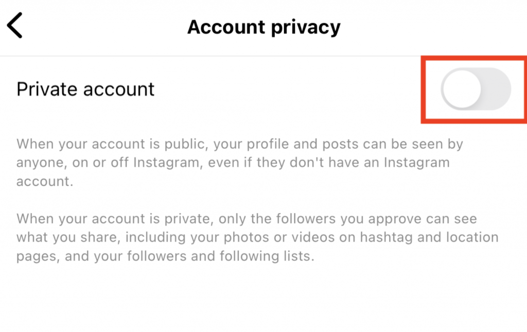 The “Private account” toggle you must switch on to hide your follower list from those who don’t follow your page.