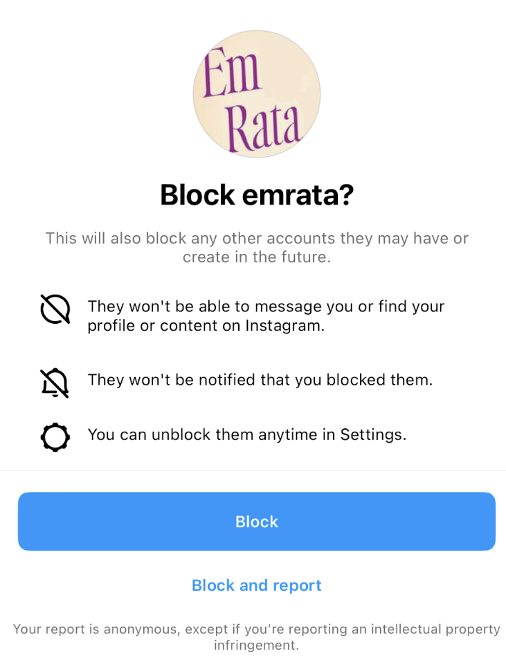 The confirmation message that pops up if you choose to block an Instagram user.