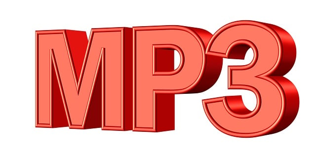 Ilustración de una palabra MP3 roja sobre fondo blanco.