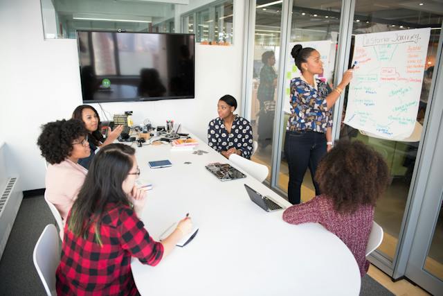 A group of people discussing their social media strategy execution plan.