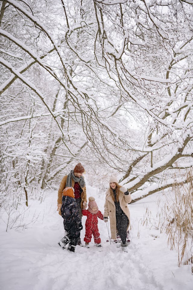 一家人漫步在白雪皚皚的道路上，有許多白雪皚皚的樹枝。