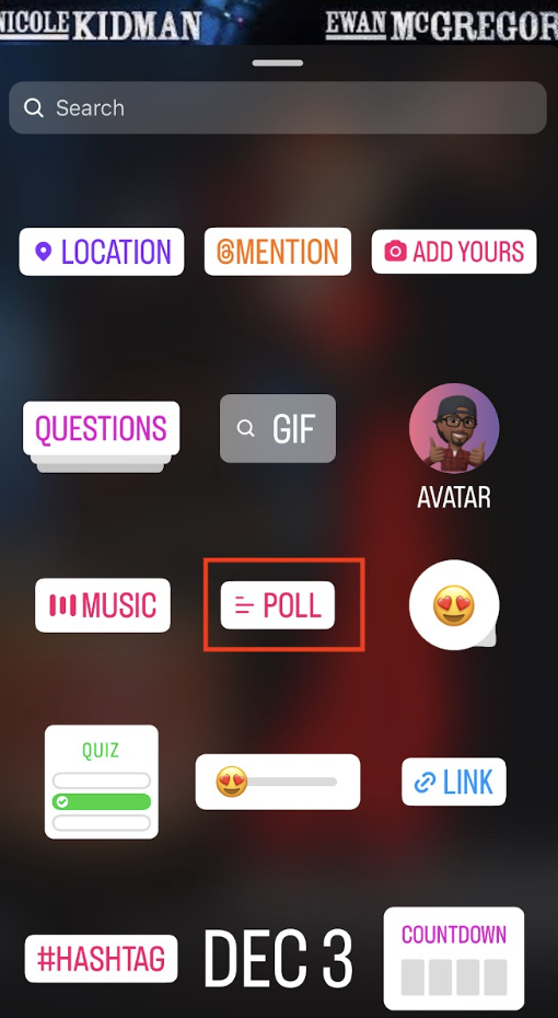 The “Poll” button in the sticker tray of the Instagram Story editor.