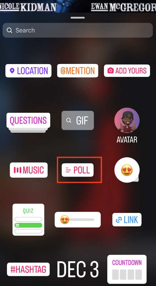 Instagram Storyエディターのステッカートレイにある "Poll "ボタン。