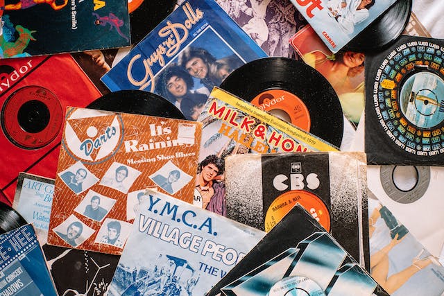 A set of old, nostalgic vinyl records on the table.