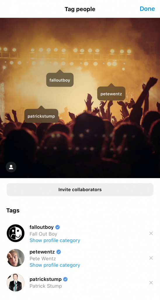 The “tag people” page, where you can tag up to 20 people on your photo.