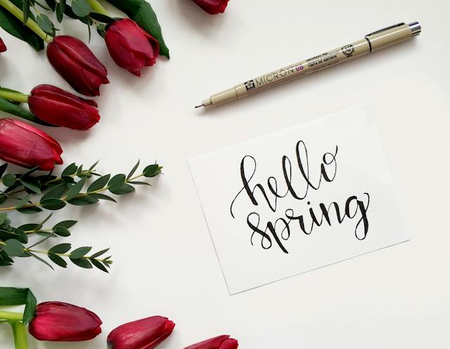 O bucată de hârtie caligrafiată pe care scrie "Hello Spring" alături de niște flori roșii.