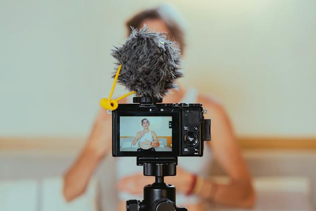 A micro-influencer recording a video for her followers. 