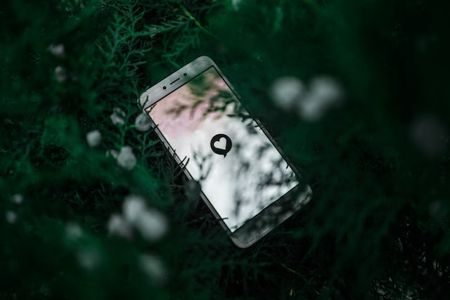 A phone is lying in the grass with a like symbol on the screen. 