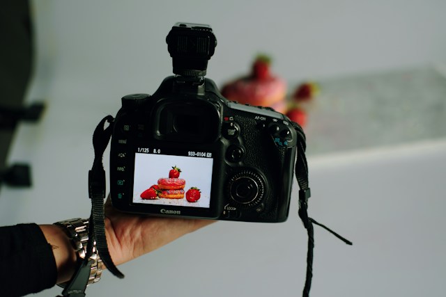 A digital camera used to take high-quality food photos at a shoot.