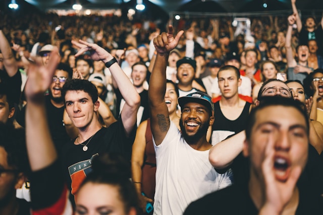 A crowd of fans cheering during a show.