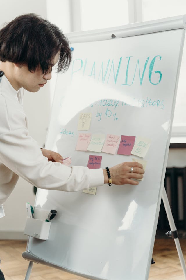 Un homme en chemise blanche colle des notes autocollantes sur un tableau.