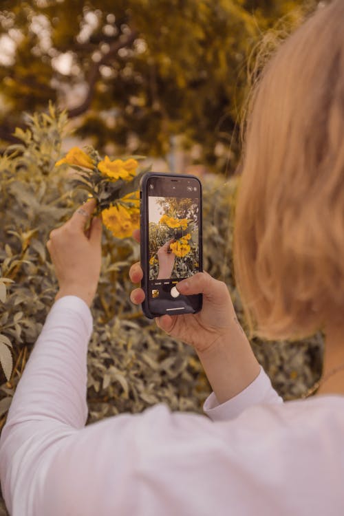 Instagram に投稿するために黄色い花の写真を撮っている女の子がいる。