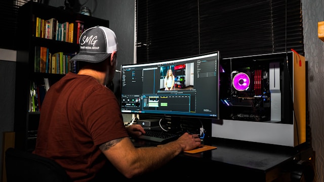 Um homem sentado em frente ao ecrã do seu computador, a editar um vídeo.