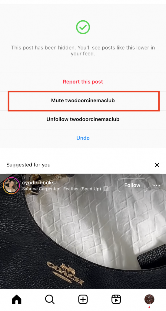 Path SocialSchermafbeelding van Instagram's scherm nadat je op "Verbergen" hebt gedrukt op een bericht.