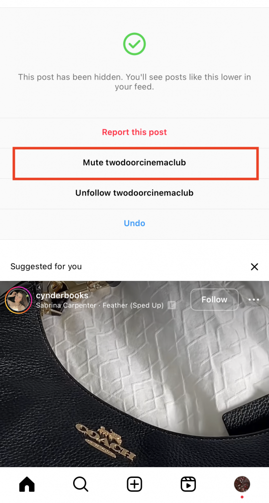 Path Social's screenshot de pe Instagram's ecran după ce ați apăsat "Ascunde" pe o postare.