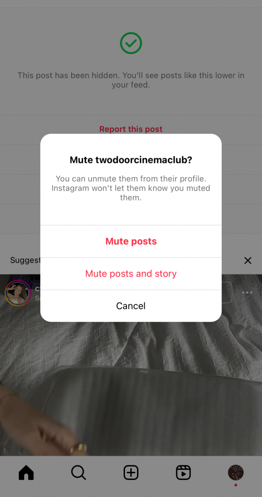 Path SocialCaptura de pantalla de Instagramdel mensaje de confirmación cuando quieres silenciar las publicaciones de un usuario.