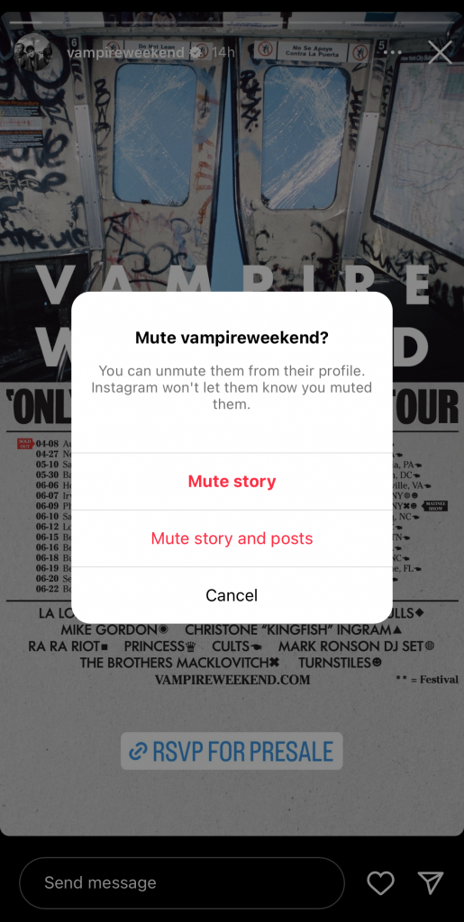 Path SocialLo screenshot del messaggio di conferma di Instagramquando si desidera disattivare le Storie di qualcuno.
