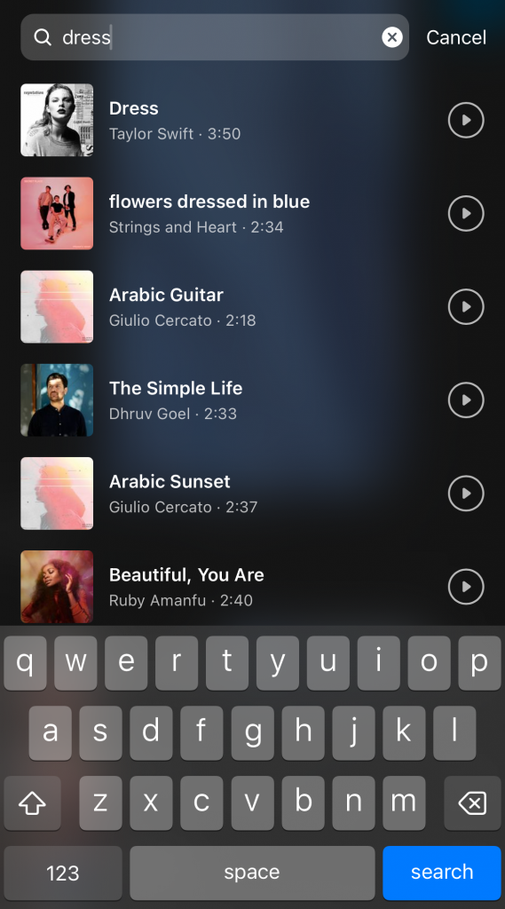 Path SocialCapture d'écran du répertoire Instagram Music lorsque vous ajoutez un clip audio à une bobine.