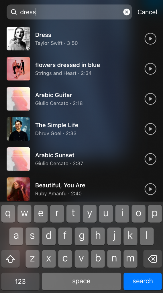 Edit-Music-2 | Path Social Path SocialLa schermata della directory Instagram Music quando si aggiunge un clip audio a una bobina.