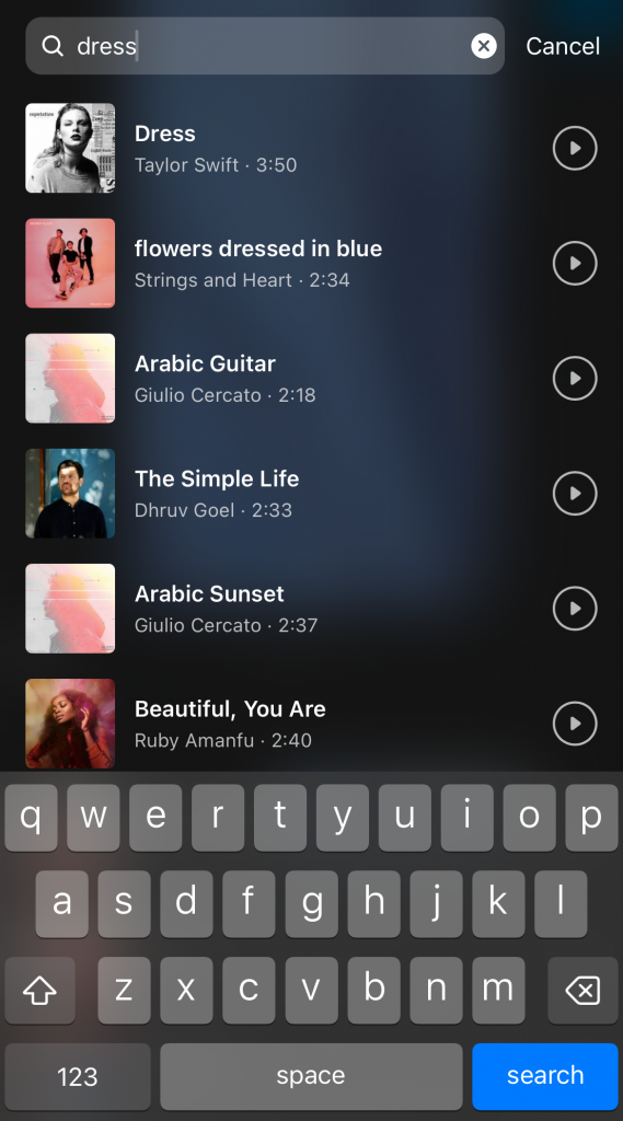 Path SocialオーディオクリップをReelに追加したときのInstagram Musicディレクトリのスクリーンショット。