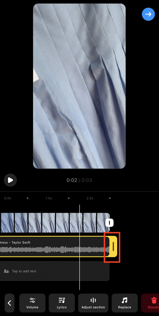Edit-Music-4 | Path Social Path SocialL'immagine delle maniglie di ritaglio di un clip audio nella schermata dell'editor Reels.