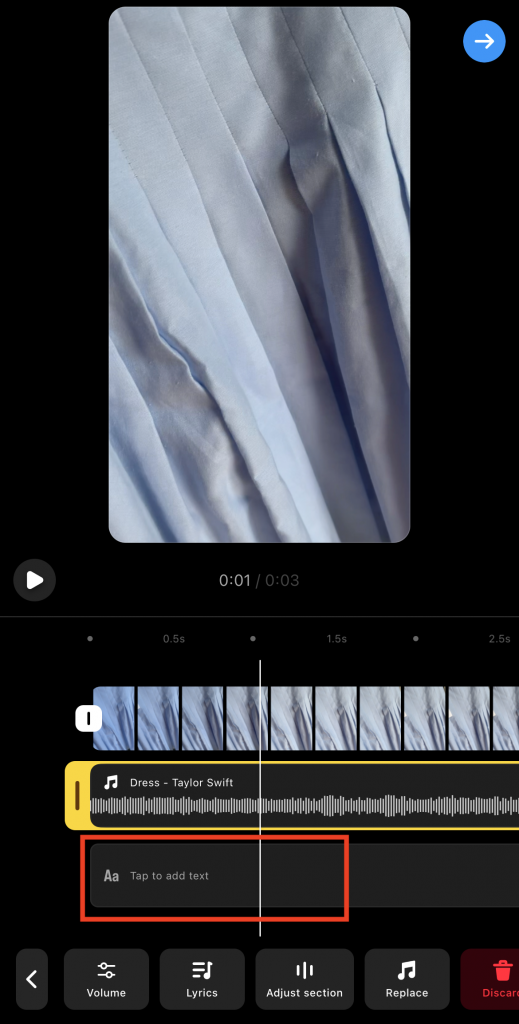 Path Social Instagram Reelsエディターのオーディオクリップセクションの下にある "Add text "バーのスクリーンショット。