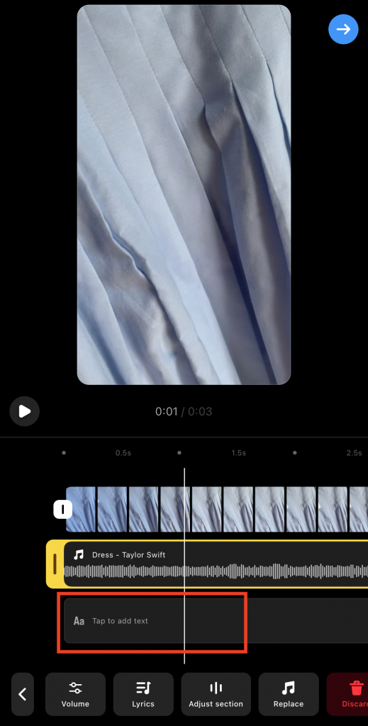Edit-Text-1 | Path Social Path SocialLa schermata della barra "Aggiungi testo" sotto la sezione del clip audio nell'editor di Instagram Reels.