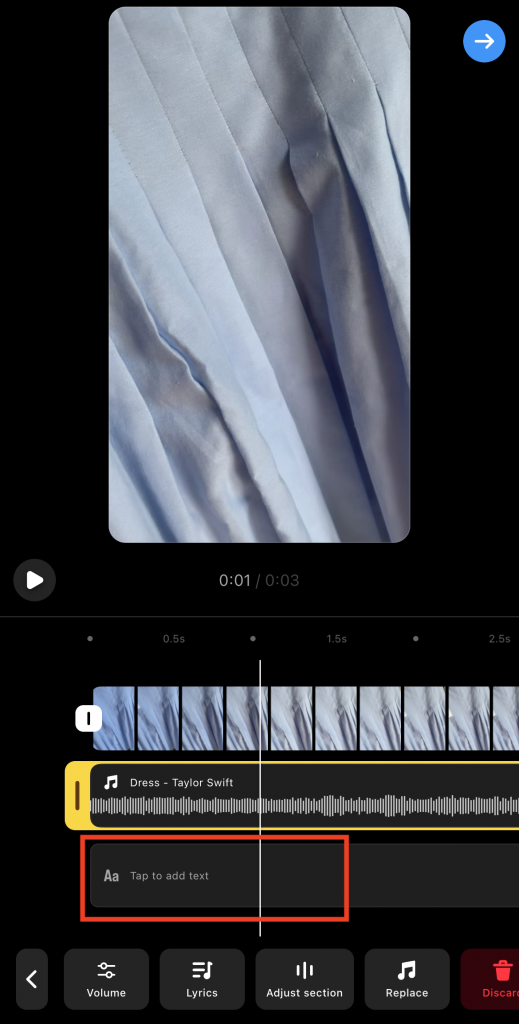 Path Social's screenshot of the "Add text" bar below the audio clip section on the Instagram Reels editor.