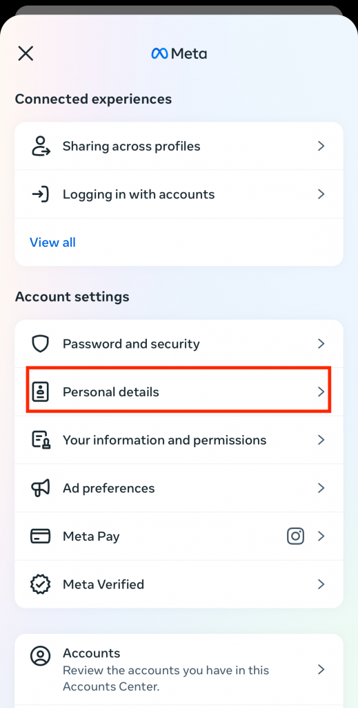Path Social’s screenshot of the Accounts Center settings with a red box highlighting “Personal details.”