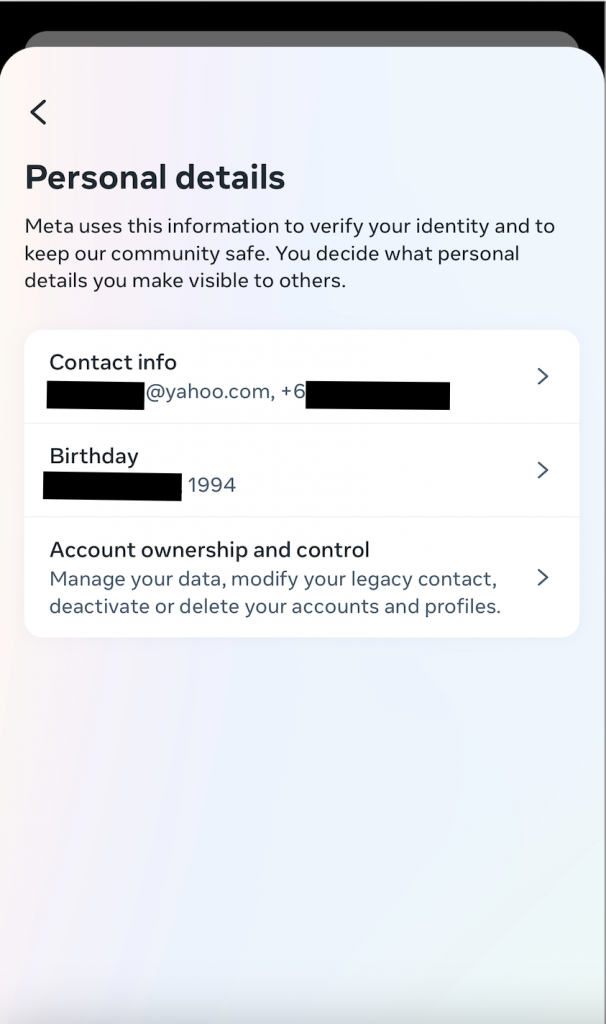 Path Social’s screenshot of the personal details page with an email address, phone number, and birthday blurred out.